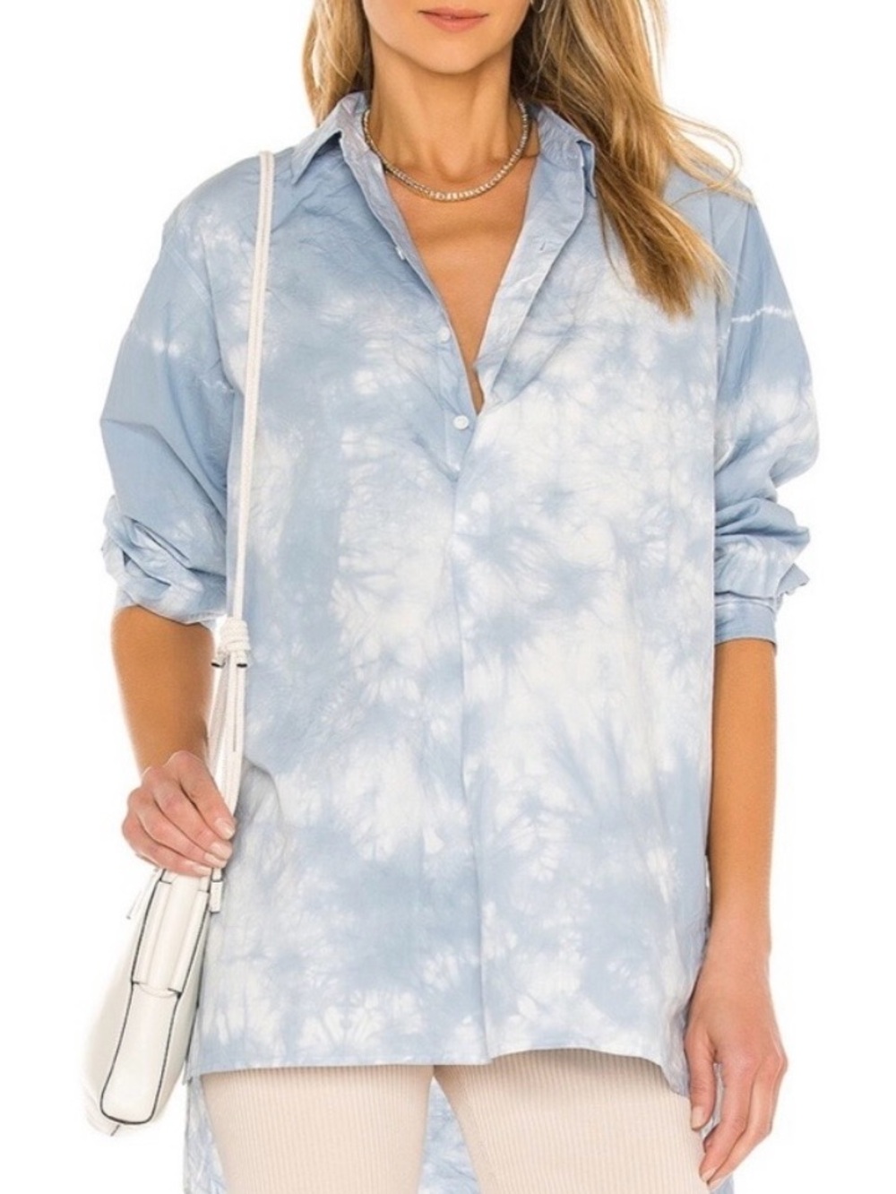 Nili Lotan Light Blue Tie-Dye Button-Up Tunic Shirt 100% Cotton